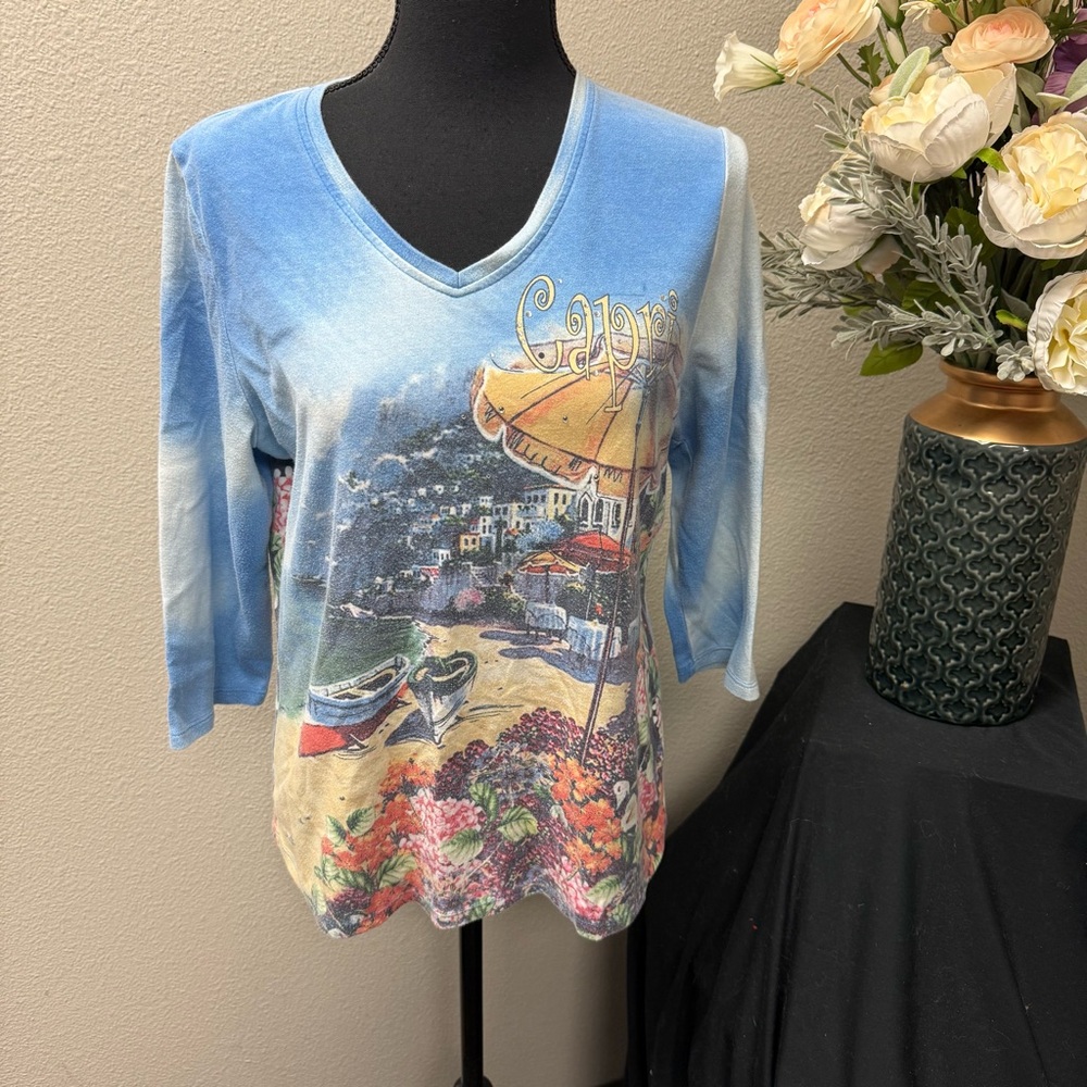 Allison Daley Capri Coastal Print V-Neck 3/4 Sleeve Tunic Top - Picture 1 of 7